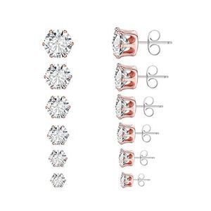 CZ Solitaire Earrings ~ 6 Pairs Boxed SET ~ Rose Gold  ~ Gift Box ~ NEW